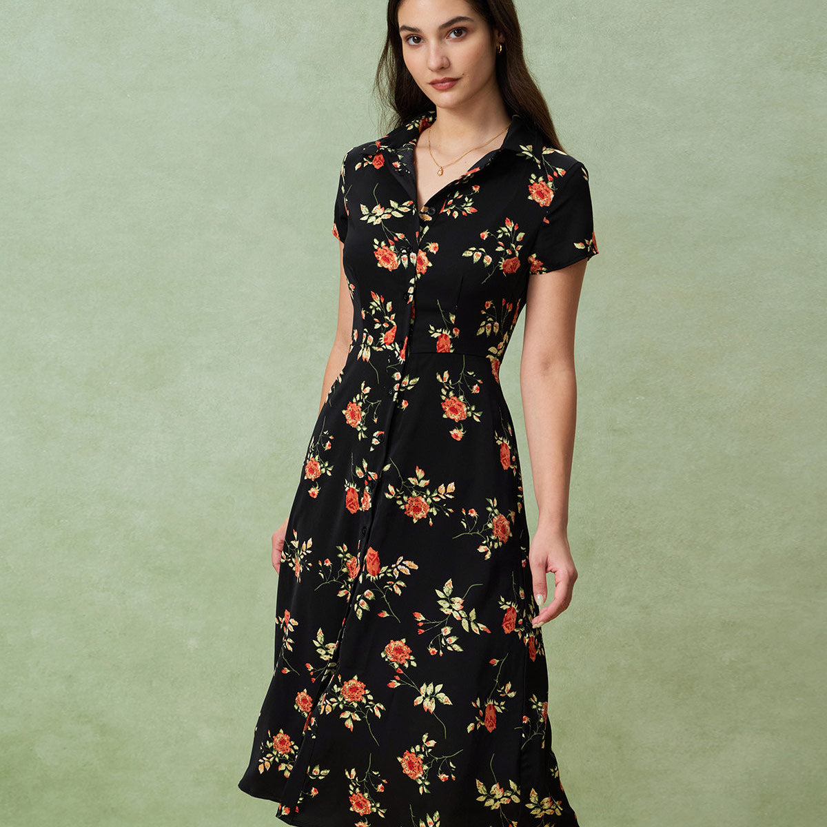 Alice - Robe Midi Noire Fleurie