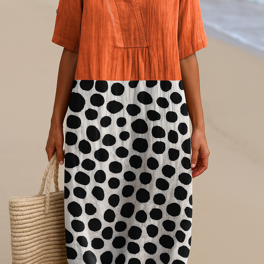 Blanche - Robe Orange avec Points Contrastés