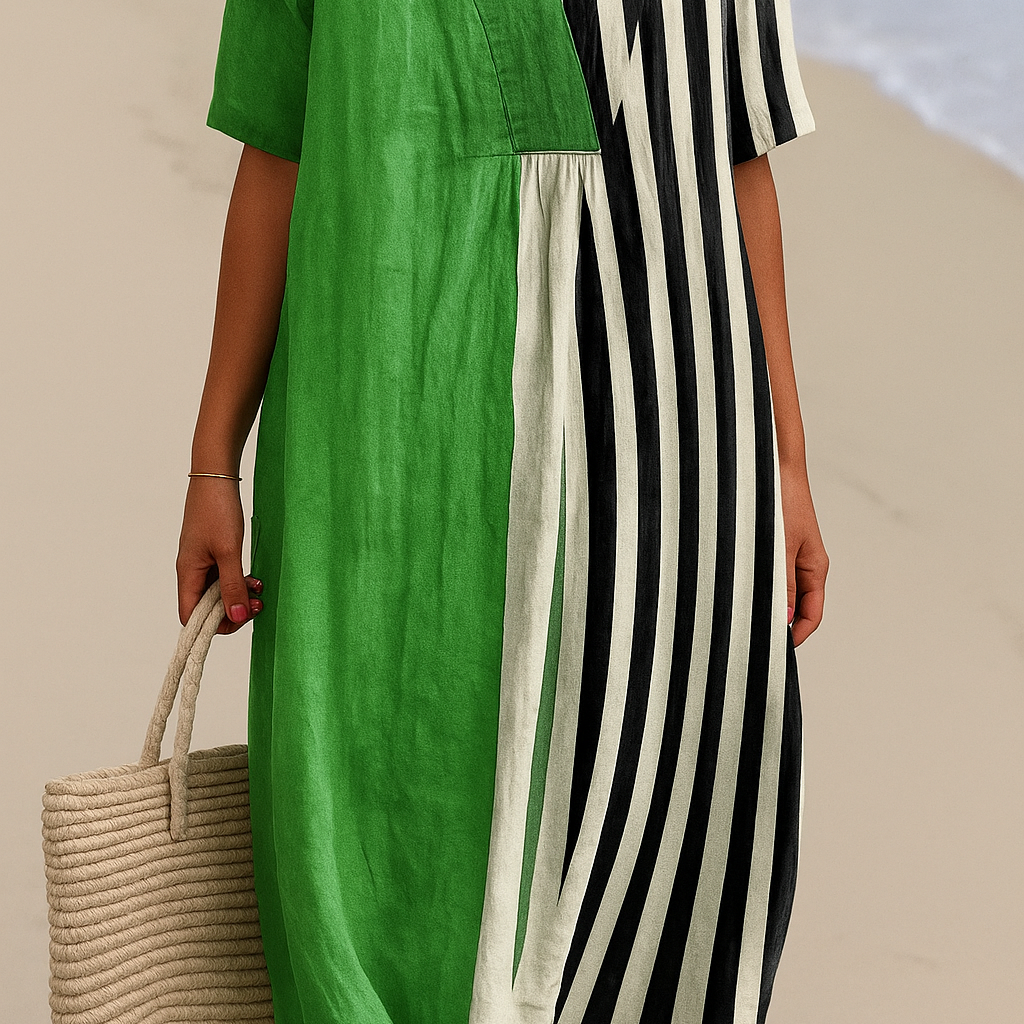 Amélie - Robe Verte Vibrante avec Rayures Noires