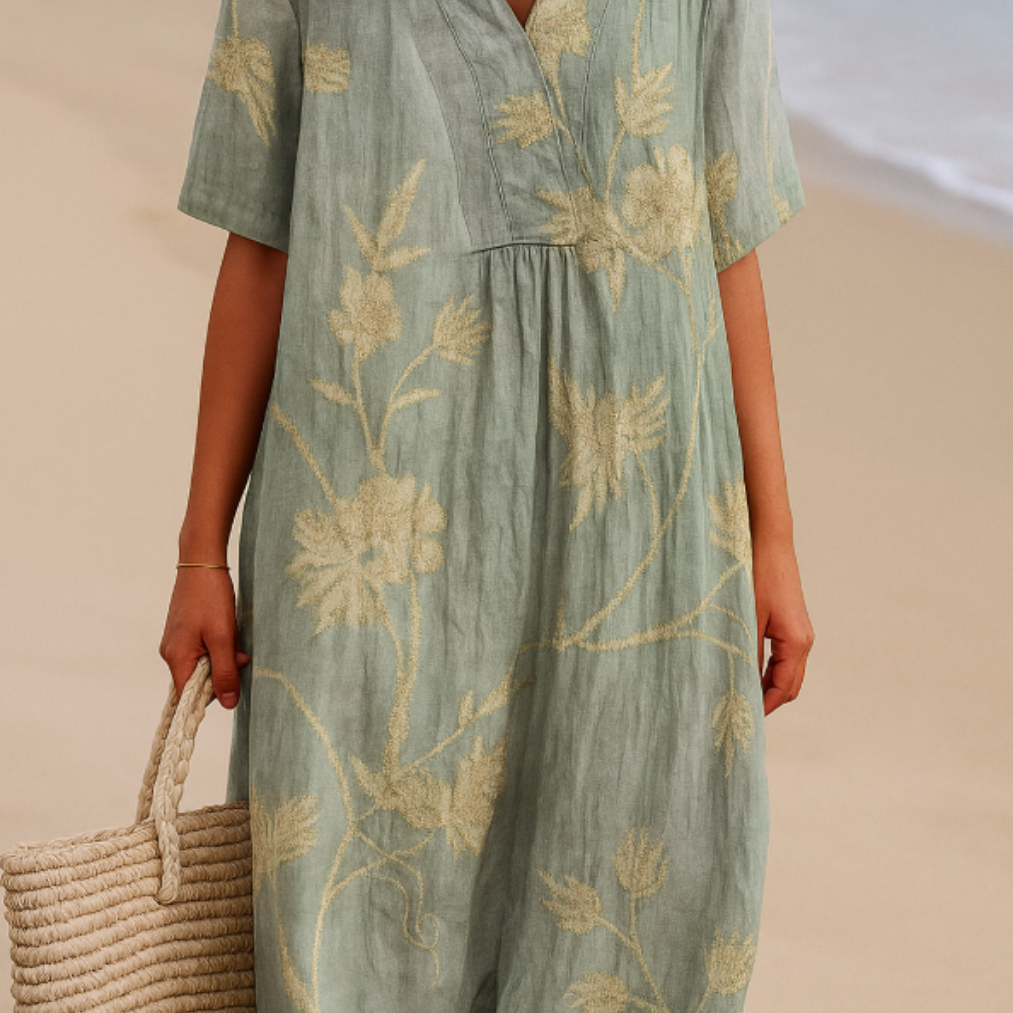 Domitille - Robe Bleu-Gris avec Broderie Florale