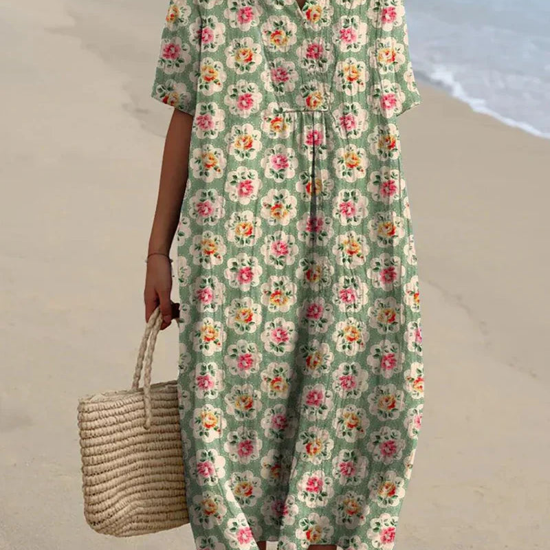 Pauline - Robe Florale Rétro en Vert Eau
