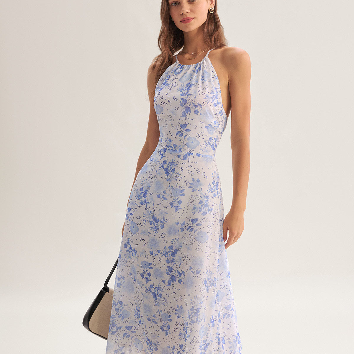 Sarah - Robe Midi Bleue Fleurie